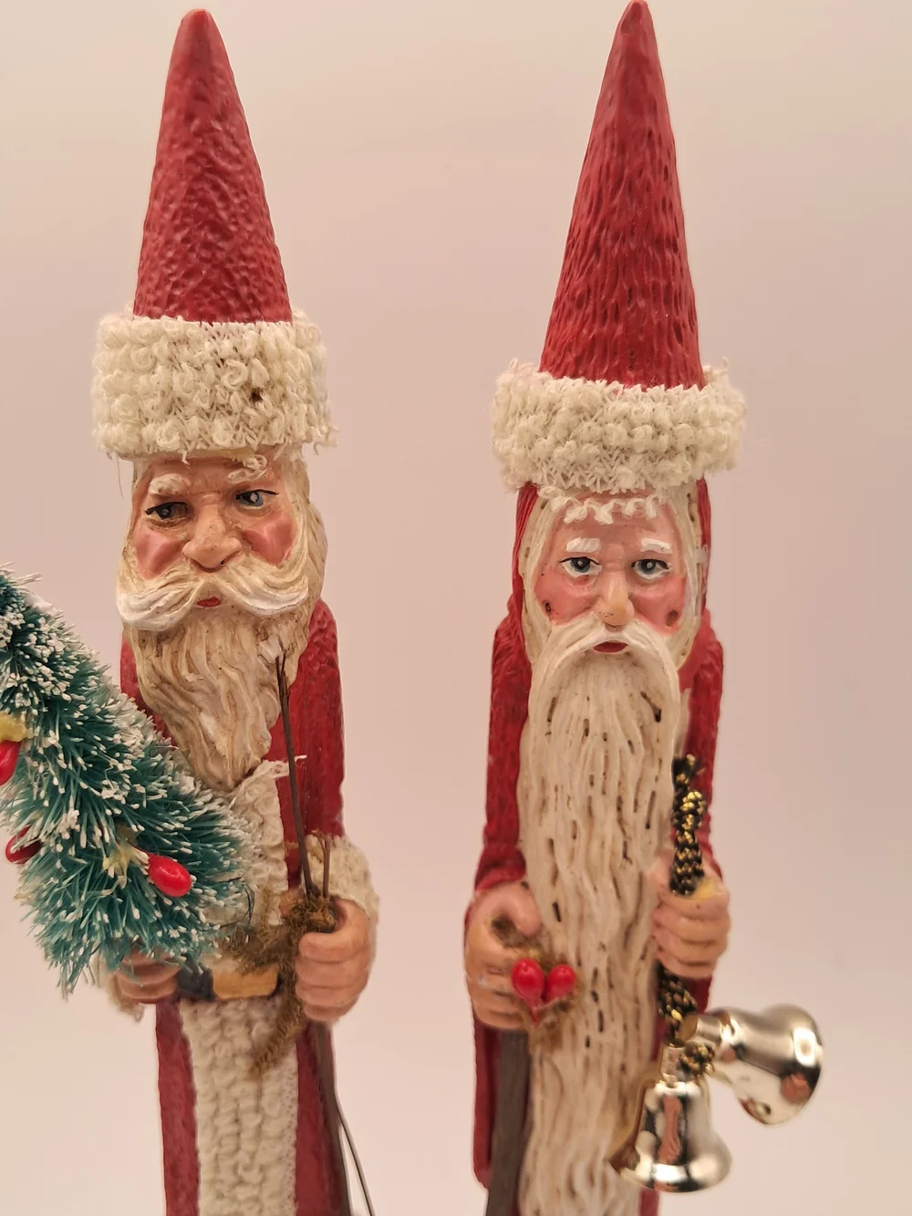 ​Vintage Resin Skinny Santa Claus Figurines Set of 2 Christmas Tree Bells 7.25